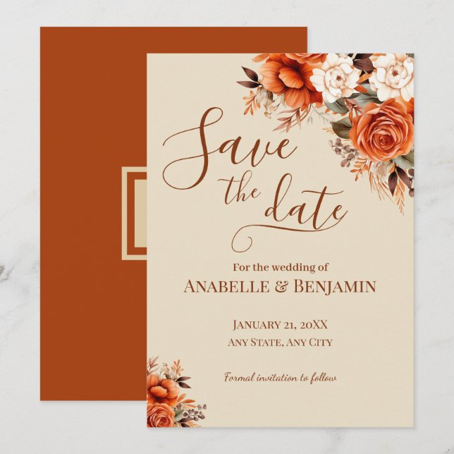 Burnt Orange und Rust Floral Wedding Save The Date (Vorne/Hinten)