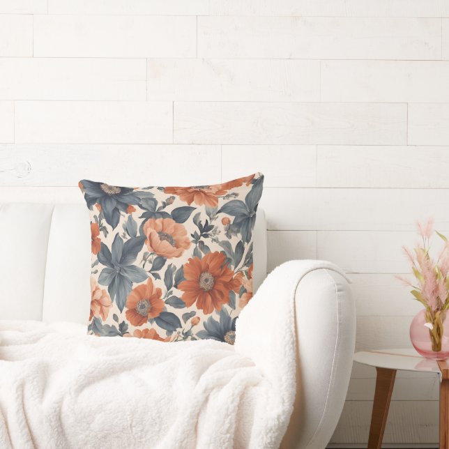Burnt Orange und Smoky Blue Floral Kissen (Liege)