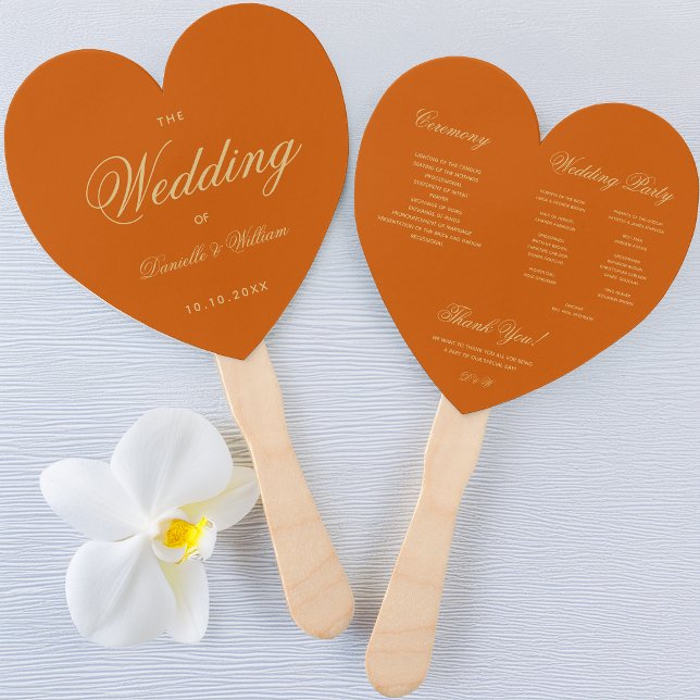 Burnt Orange Wedding Program Heart Elegantes Skrip Fächer (Von Creator hochgeladen)