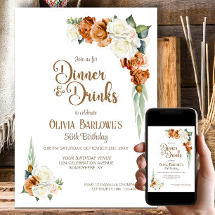 Burnt Orange White Floral Dinner Party Geburtstag Einladung