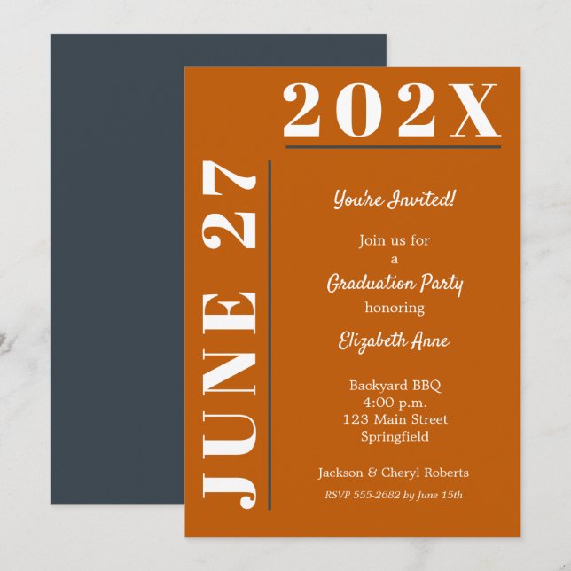 Burnt Orange White Gray Graduation Party Einladung (Vorne/Hinten)