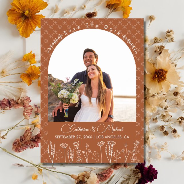 Burnt Orange Wildblume Bohemisch Arch Wedding Save The Date (Von Creator hochgeladen)