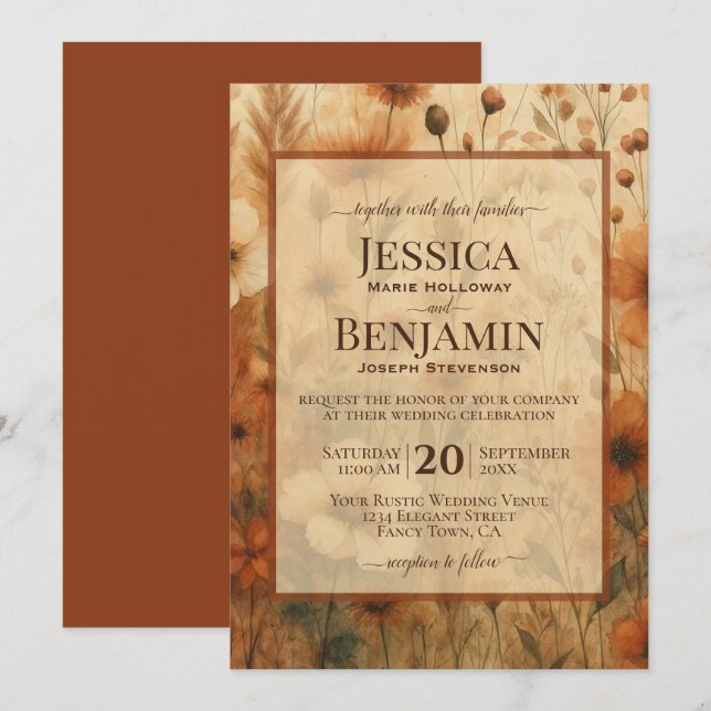 Burnt Sienna Boho Chic Wildflowers Stylish Wedding Einladung (Vorne/Hinten)