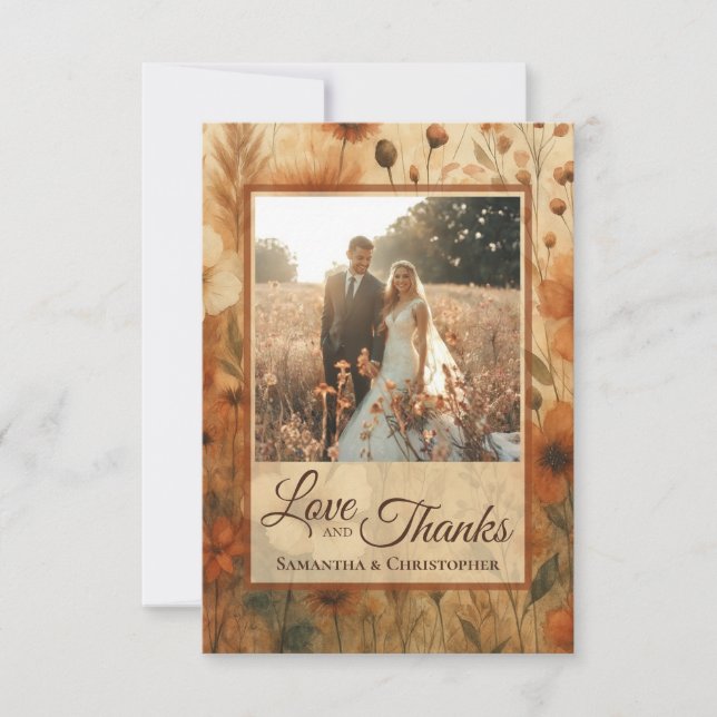 Burnt Sienna Boho Wildflowers Photo & Note Wedding Dankeskarte (Vorderseite)