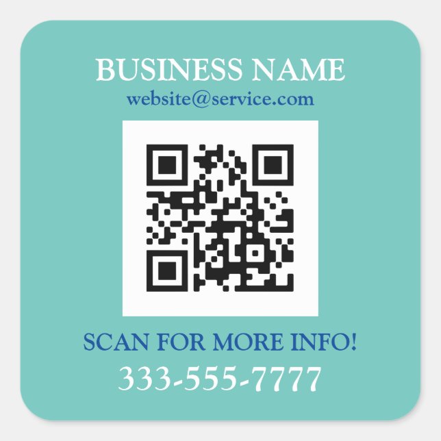 Bus. Name Promo, QR-Code, lt Aquamarin blau Quadratischer Aufkleber (Vorderseite)