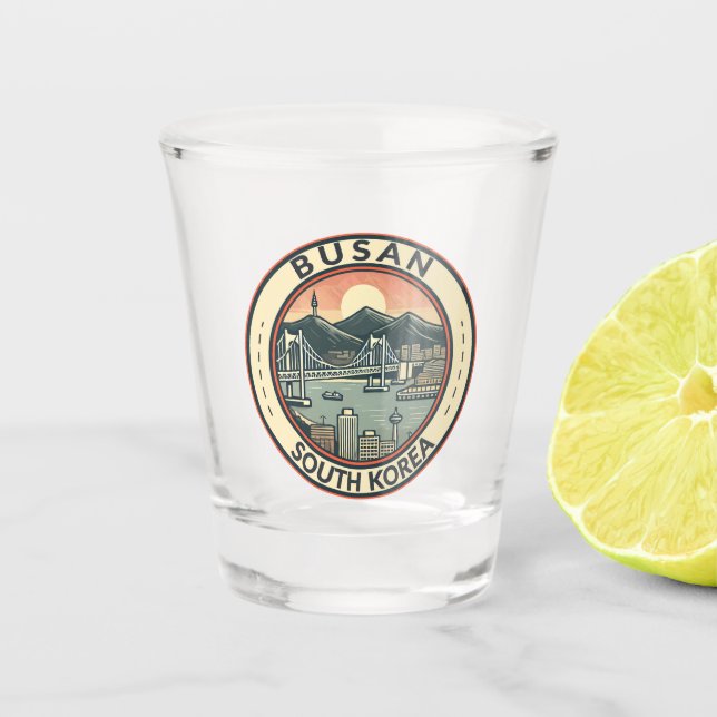 Busan South Korea Bridge Travel Art Abzeichen Schnapsglas (Vorderseite)