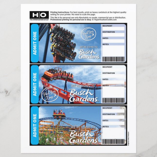 Busch Gardens Mock Ticket für Reisen und Veranstal (Vorderseite)