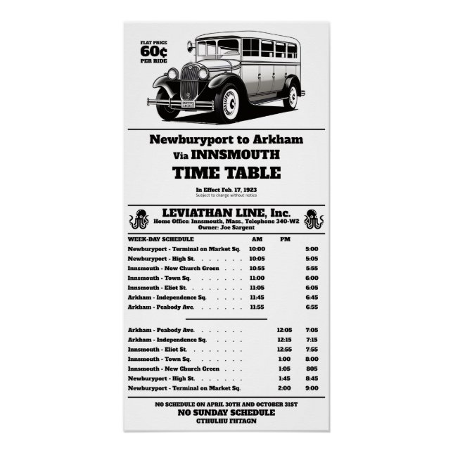 Busfahrplan für Innsmouth Joe Sargent Poster (Vorderseite)