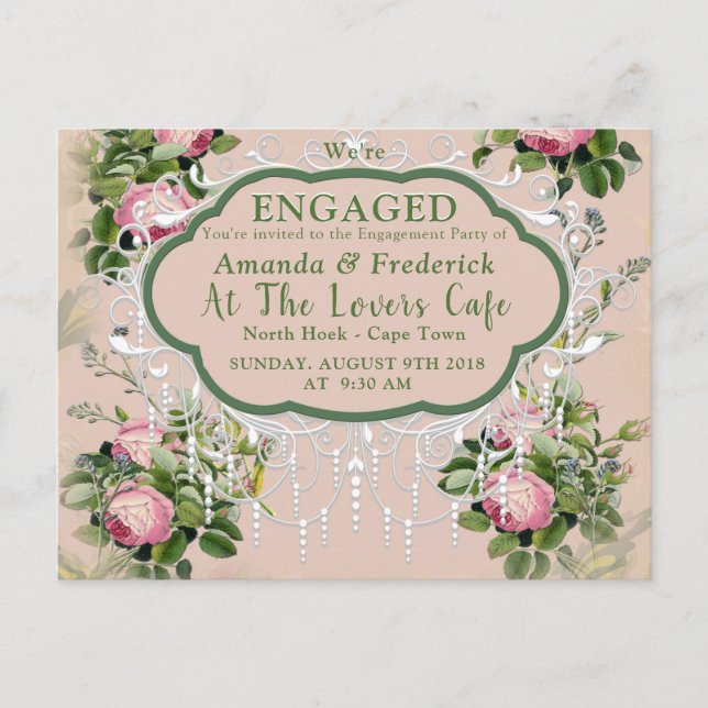 Bush Garden Green - Soft Pink Roses Verlobung Einladungspostkarte (Vorderseite)