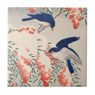 Bush und Fly Catchers in Snow von Ohara Koson Fliese