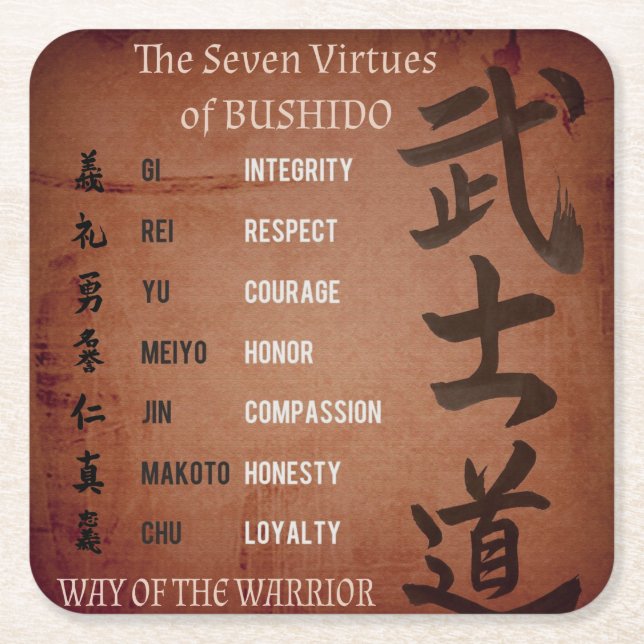 BUSHIDO VIRTUES RECHTECKIGER PAPPUNTERSETZER (Vorderseite)