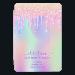 Business Beauty Salon rosa Glitzer iridescent iPad Pro Cover<br><div class="desc">Ein trendiger, irisierender Hintergrund mit Einhorn- und Regenbogenpastellfarben in Rosa, lila, Rose Gold, Minzgrün. Dekoriert mit Imitaten Glitzer Tropfen in Rose Gold, Rosa und lila. Ein Ipad Cover für Makeup Künstler, Haar Designer, Haar- und Schönheitssalons. Lila Buchstaben. Personalisieren Sie Ihren Namen und Ihre Kontaktinformationen und fügen Sie diese hinzu. Der...</div>
