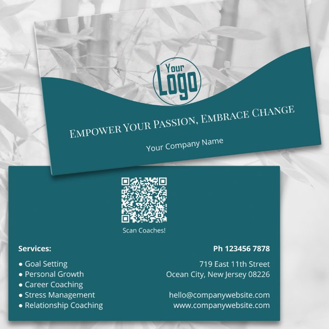 Business Card des Unternehmens "aquamarin Life Coa Treuekarte (Teal Life Coach Services Company Business Card, Landscape Format, QR code, Service List)
