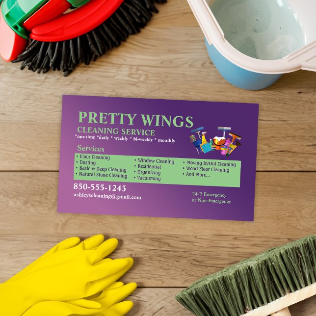 Business Card für lila und grüne Reinigung Visitenkarte (Von Creator hochgeladen)