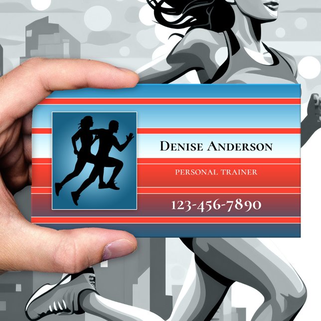 Business Card für Personal Fitness Trainer Terminkarte (Sports appointment business card featuring joggers on a red and blue striped design - athletic)
