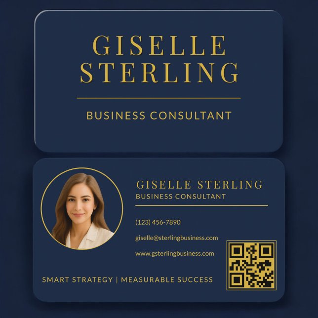 Business Consultant Navy Blue Gold Photo QR Code Visitenkarte (Von Creator hochgeladen)