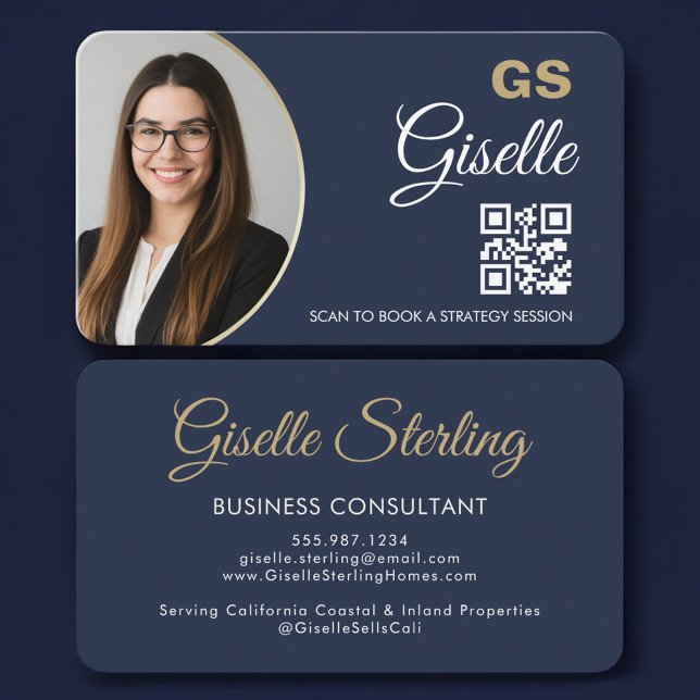 Business Consultant Photo QR Code Navy Blue Gold Visitenkarte (Von Creator hochgeladen)