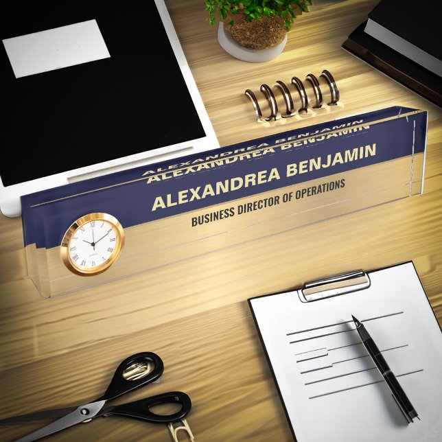 Business Employee Logo Gold Blue Modern Custom Namensplakette (Business Employee Logo Gold Blue Modern Custom Desk Name Plate is great as a gift to professional. )