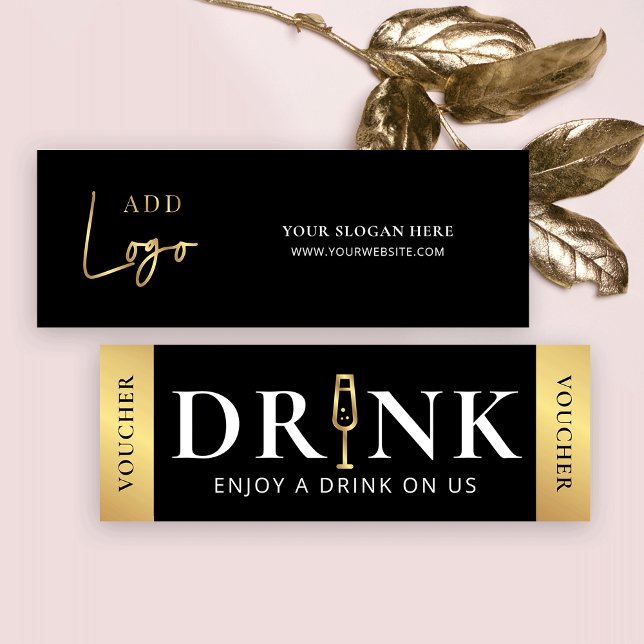 Business Event Black & Gold Logo Drink Voucher Mini Visitenkarte (Luxurious black and gold drink voucher cards with space for your logo and custom text)