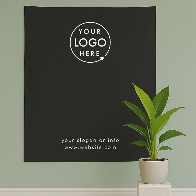 Business Event | Hintergrund Ihres Fotos mit dem L Wandteppich (Sleek black company branded backdrop tapestry fabric drape signage for small business promotion.)