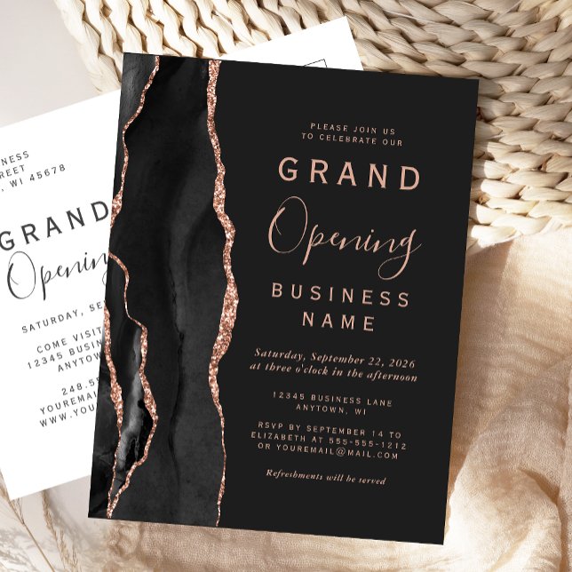 Business Grand Opening Black Rose Gold Agate Dark Postkarte (Von Creator hochgeladen)