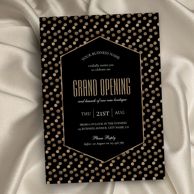 Business Grand Opening Chic Black & Gold Glitter Einladung (Black and gold glitter business invitation with elegant fonts, minimal layout and faux gold effects)