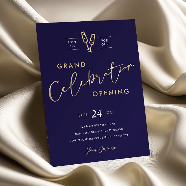 Business Grand Opening Chic Navy Blue & Imitats Go Einladung (Elegant navy and faux gold business grand opening invitation)
