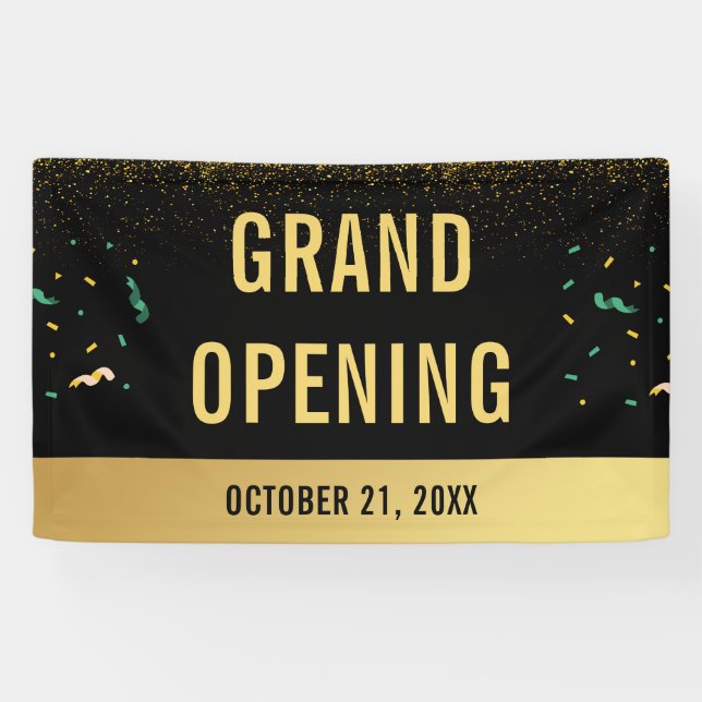 Business Grand Opening Gold Glitzer & Confetti Banner (Horizontal)