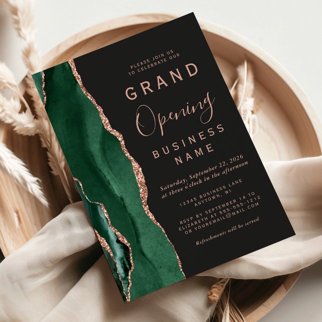 Business Grand Opening Green Rose Gold Agate Dark Einladung (Von Creator hochgeladen)
