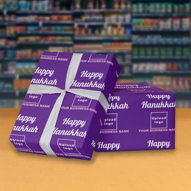 Business Hanukkah Lila Wrapping Paper Geschenkpapier (Hanukkah greeting, business name and logo on purple wrapping paper)