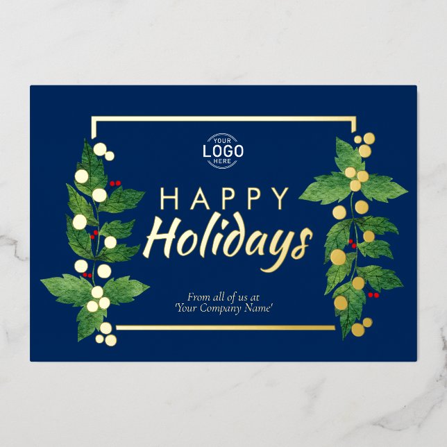 Business Happy Holidays Blue Real Gold Foil Card Folieneinladung (Vorderseite)