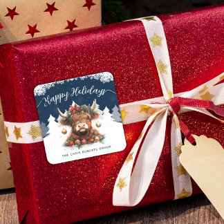 Business Happy Holidays Cute Festive Highland Cow Quadratischer Aufkleber