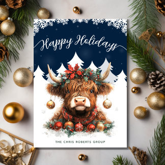Business Happy Holidays Festive Highland Cow Feiertagskarte