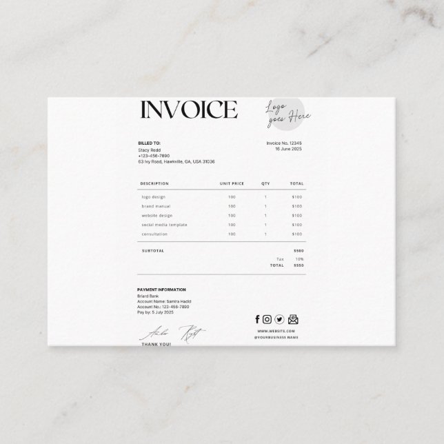 Business invoice telefonnummerkarte (Vorderseite)
