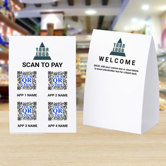 Business Logo 4x6 QR Code 4 Apps Scan To Pay Tischaufsteller (These 4 app SCAN TO PAY paper table top tents can have almost anything you want on the back)