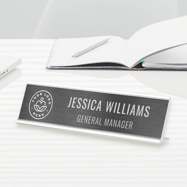 Business Logo Elegant Employee Faux Brushed Black Schreibtischnamensplakette (Von Creator hochgeladen)