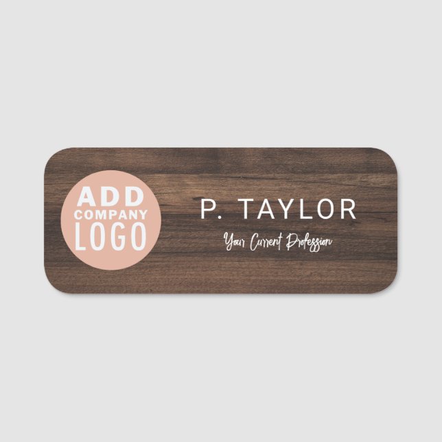 Business Logo Employee Wood-Look Custom Namensschild (Vorderseite)