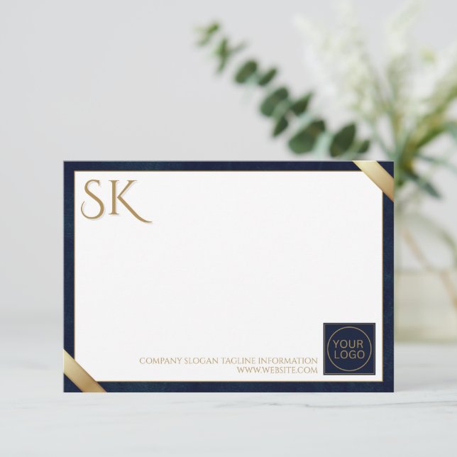 Business Logo Luxury Navy Leather Mitteilungskarte (Stehend Vorderseite)