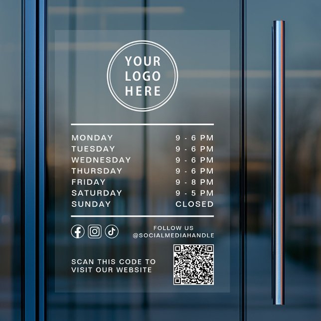 Business Logo Open Hours Social Media QR Code Fensteraufkleber (Business Logo Open Hours Social Media QR Code Window Cling)