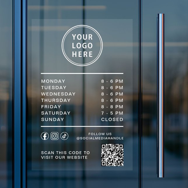Business Logo Open Hours Social Media QR Code Fensteraufkleber (Business Logo Open Hours Social Media QR Code Window Cling)