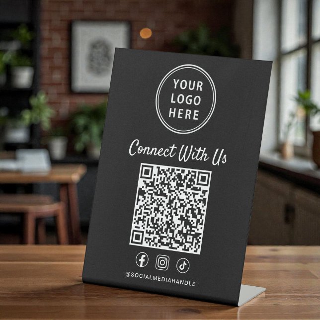Business Logo QR Code Black Tabletop Sockelschild (Business Logo QR Code Black Tabletop Pedestal Sign)