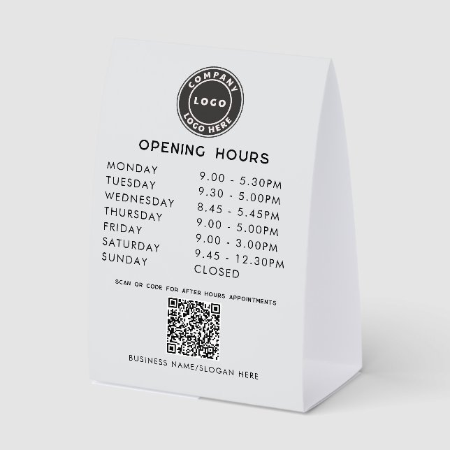 Business Logo QR Code Opening Hours Tischaufsteller (Vorderseite)