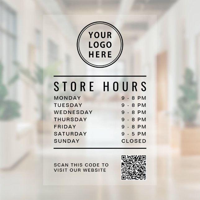 Business Logo Store Hours Create Your QR Code Fensteraufkleber (Business Logo Store Hours Create Your QR Code Window Cling)