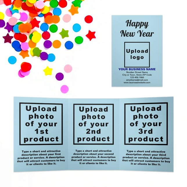 Business New Year Light Blue Trifold Card Dreifach Gefaltete Karte (New Year greeting, business brand and products on light blue trifold card)