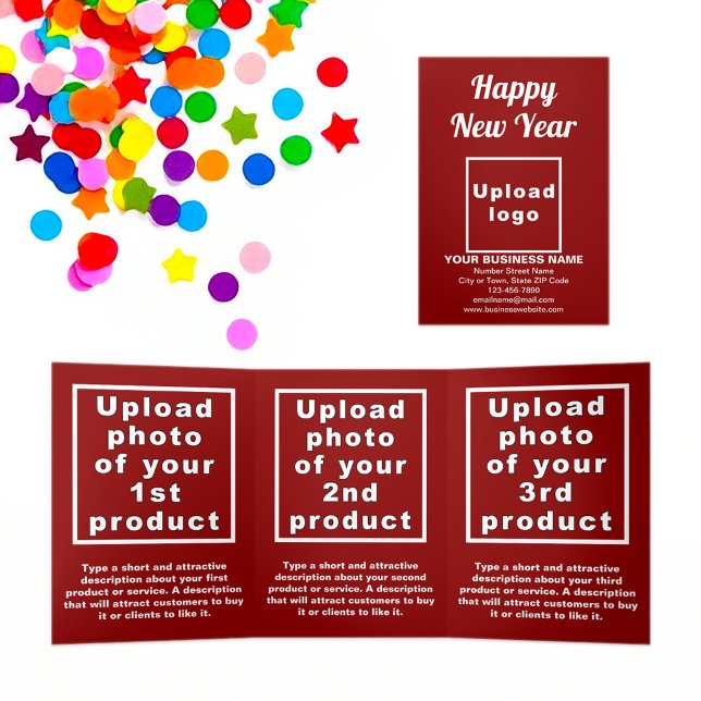 Business New Year Red Trifold Card Dreifach Gefaltete Karte (New Year greeting, business brand and products on red trifold card)