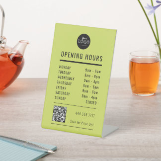 Business Open Hours Black Olive Green Logo QR Code Sockelschild