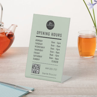 Business Open Hours Black Sage Green Logo QR Code Sockelschild