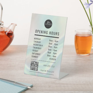 Business Open Hours Green Holographic Logo QR Code Sockelschild