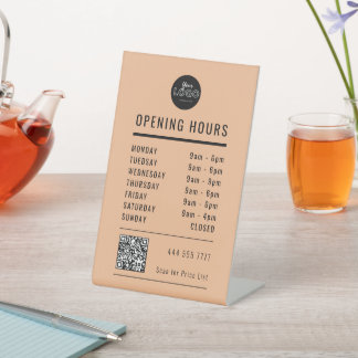 Business Open Store Hours Black Peach Logo QR Code Sockelschild