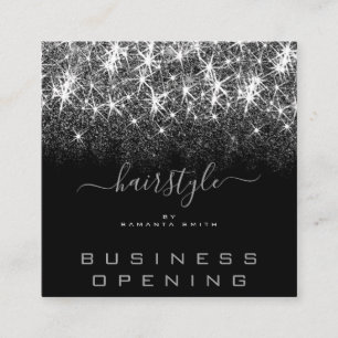 Business Opening Hair Stylist Silver Glitzer Spark Quadratische Visitenkarte